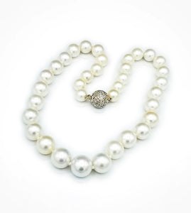 [NE-003889] 37 white South Sea Pearls 9.3-13.5mm. (Price upon request) & [MC-003959] 18kt white pave diamond=1.21cts G SI, ball clasp $2925.00