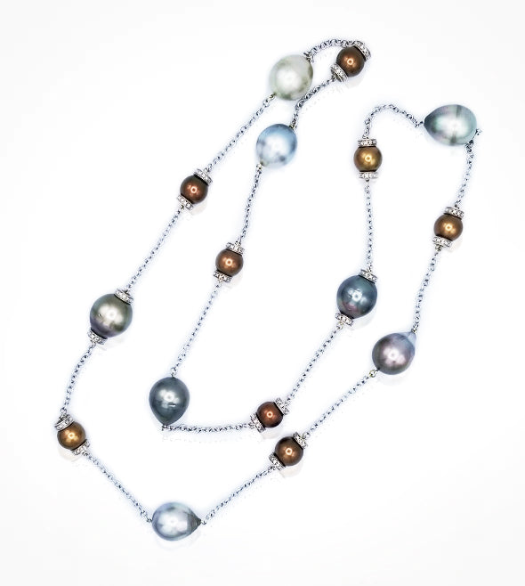 [NE-08088] 18kt white gold 34in station chain with 8 bronze pearls, 10-11mm & 8 Tahitian pearls 10.3-15mm