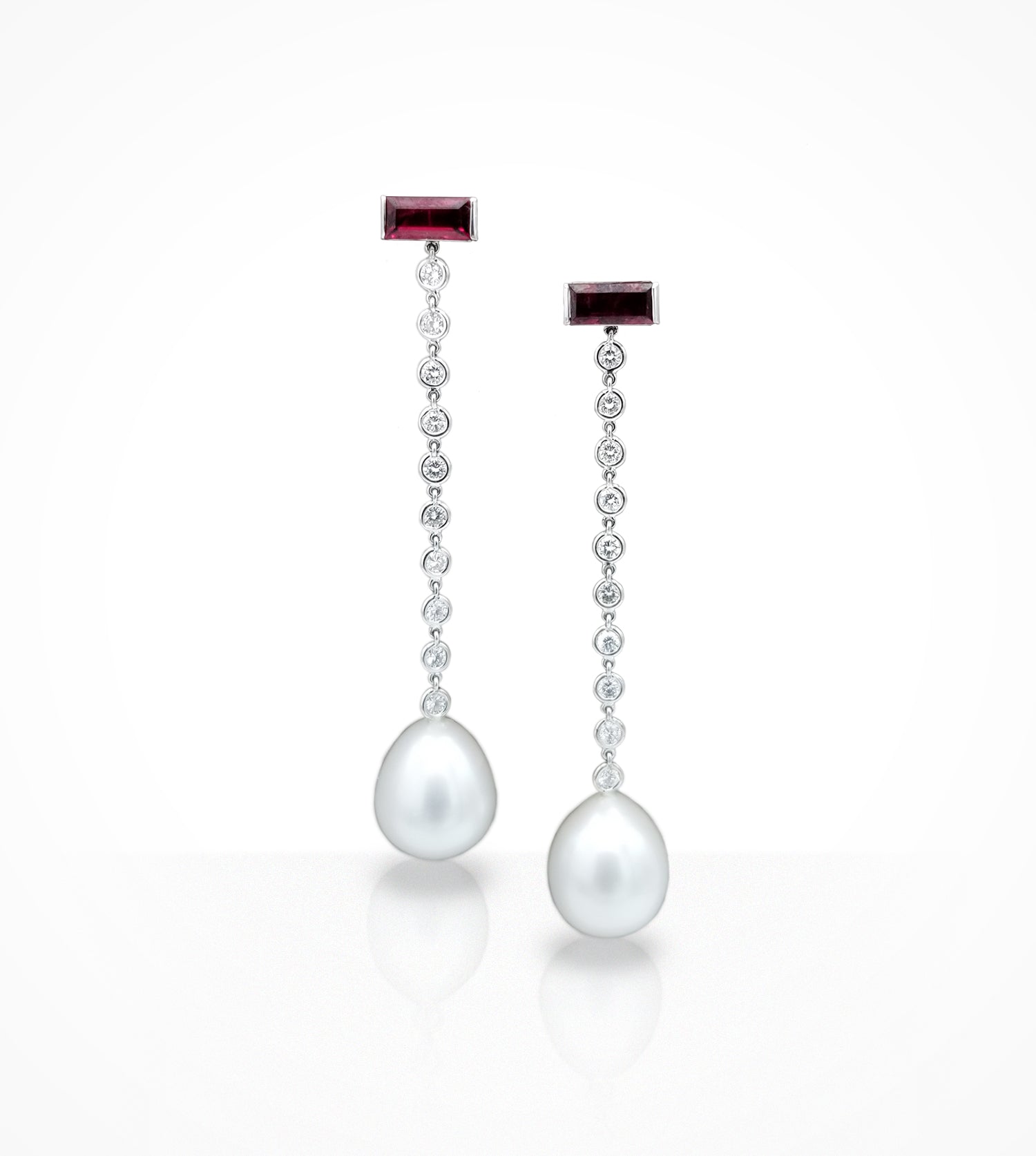 1100239 Estate 18KW ruby, diamond and south Sea pearl drop earrings, 2rubies=2.00cts, 20diamonds=0.88cts f-g, vsi-si, pearls=12.1mm