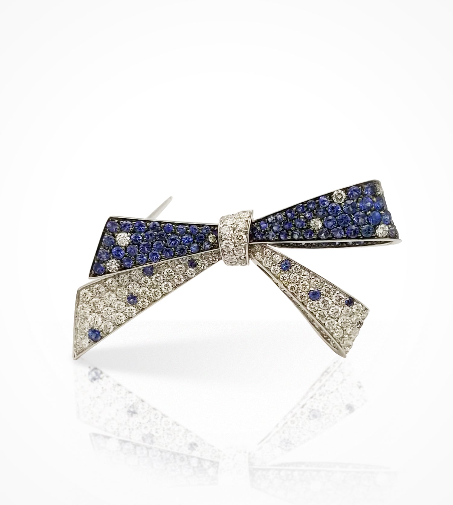DD-005097 18kt white gold Pave Diamond and Sapphire  bow brooch.