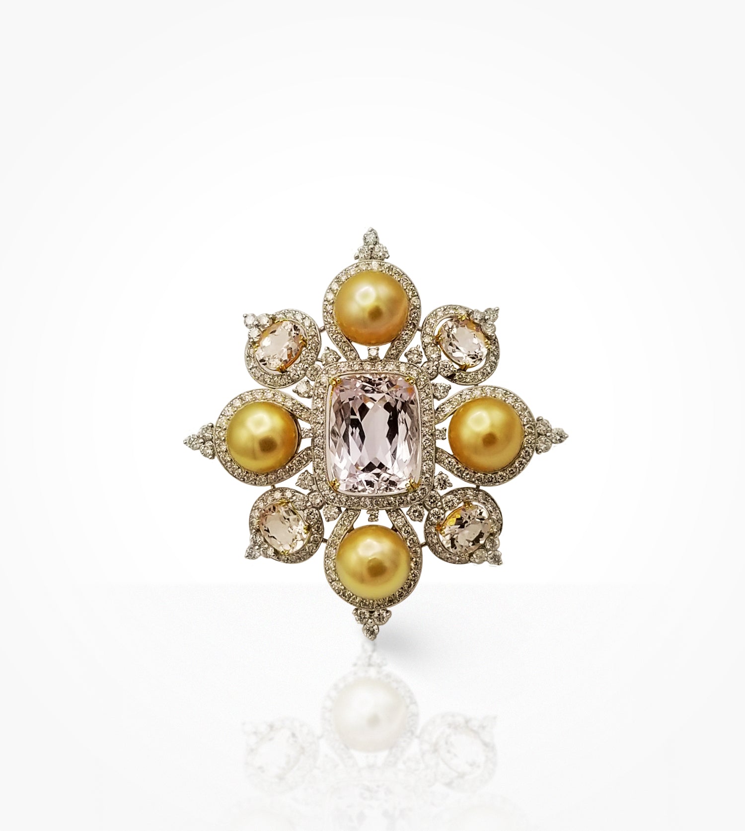 DD-006913 18KW Golden Pearls, Kunzite=26.9ct & diamond=7.3ct Brooch/Pendant. Price upon request