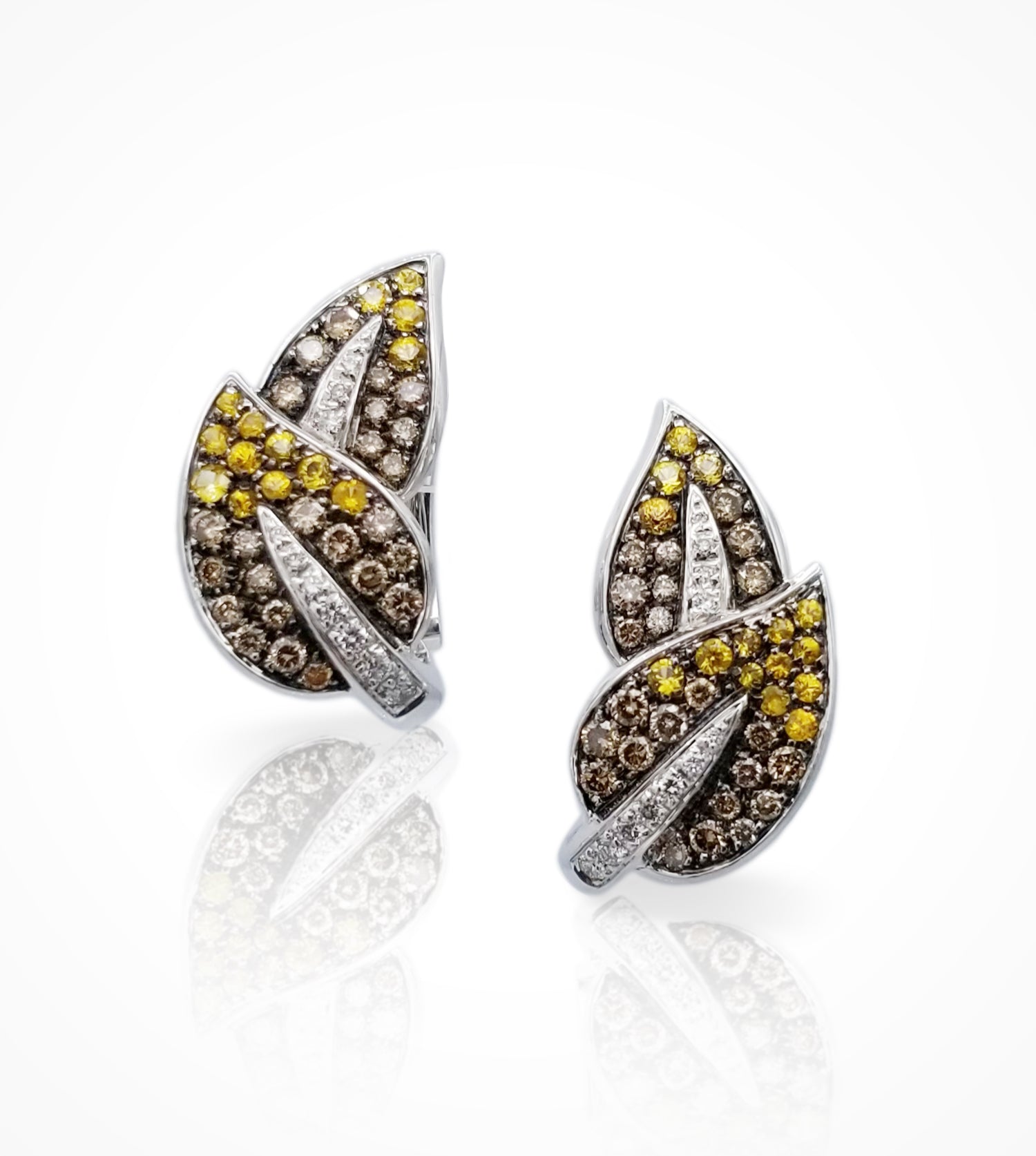 EB-003907-18K white gold leaf motif pave earrings with white and brown diamonds=1.36cts, yellow sapphires=0.87cts
