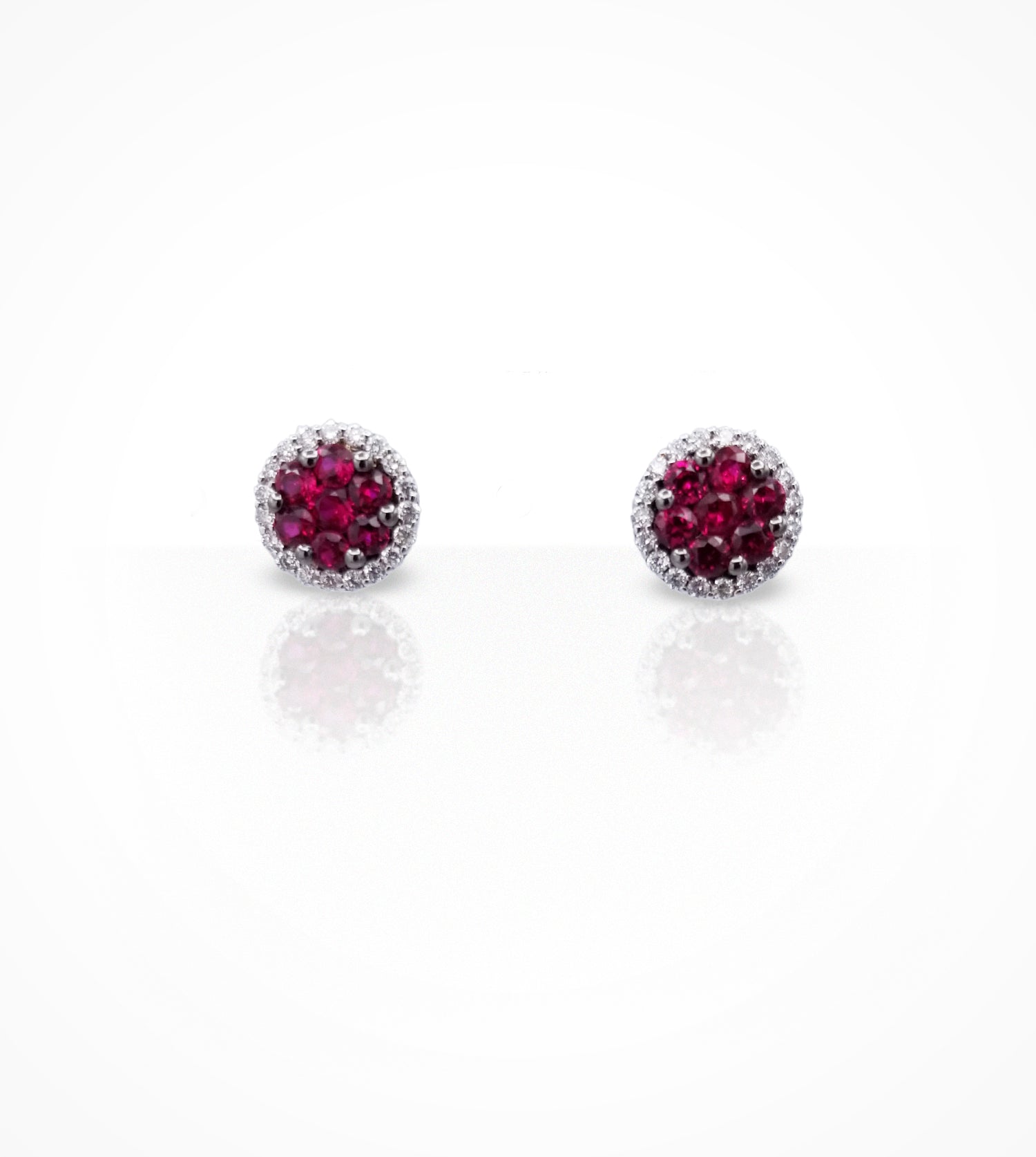 ER00389-18K white gold ruby and diamond cluster stud earrings, 14-rubies=1.12cts, 40 diamonds=0.33cts