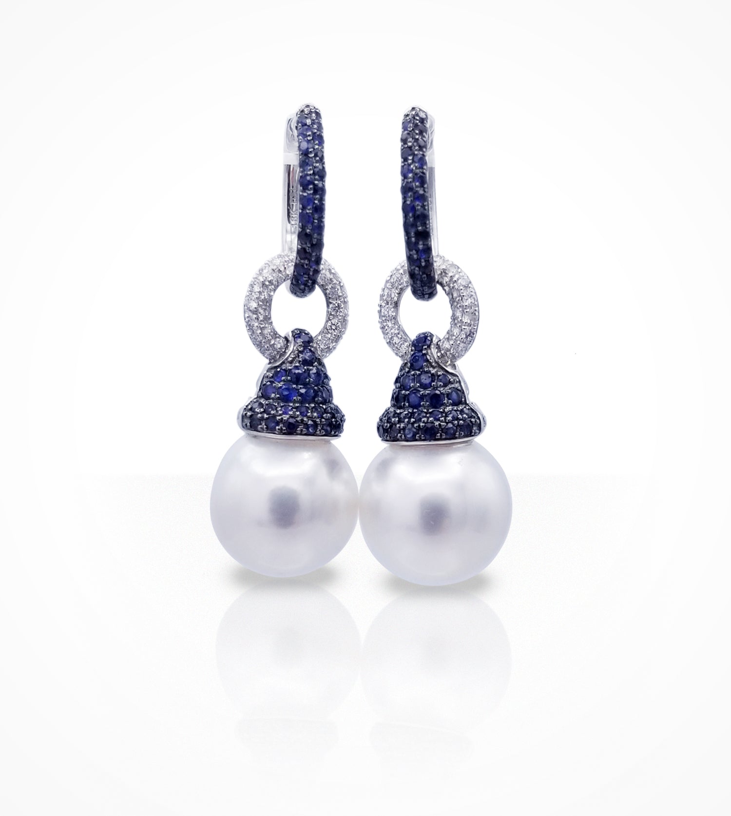 ER00470-18K white gold, White South Sea 12-13mm pearls, diamonds=0.52cts and sapphires=-1.05cts