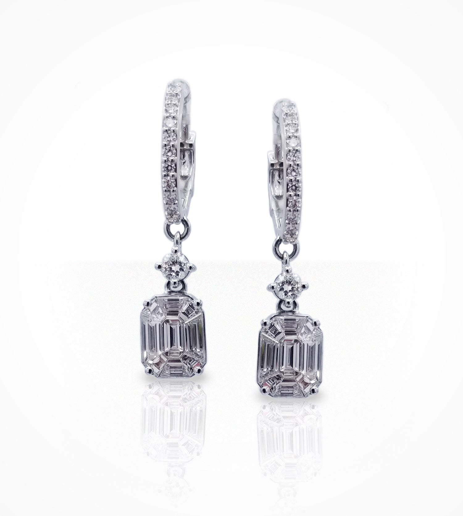 ER00525 18KW invisibly set drop earrings, all baguette round diamonds=1.73ct, F-VS