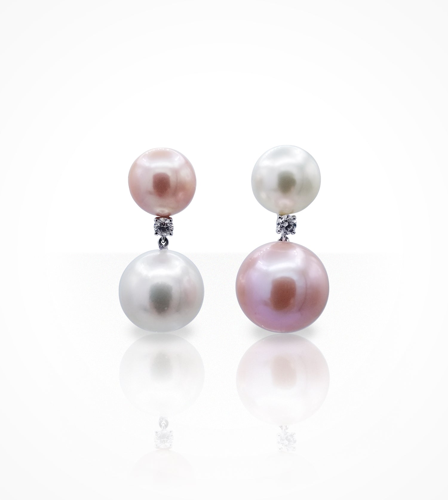 ER00527 18KW pearl and diamond drop earrings, 2 white South Sea pearls and 2 pink freshwater pearls, 11-14.7mm, 2diamonds=0.28cts g si