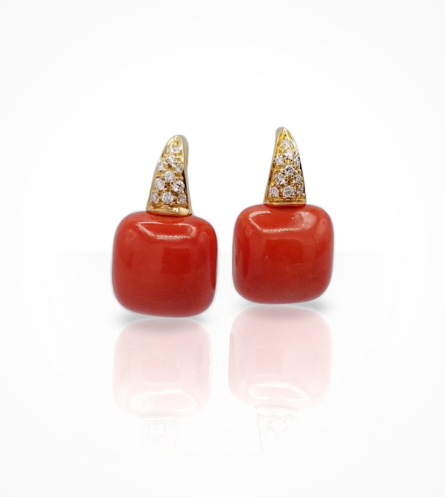 ER00536 18K Pink gold, 20 diamonds and 2 cushion shape coral earrings  SOLD