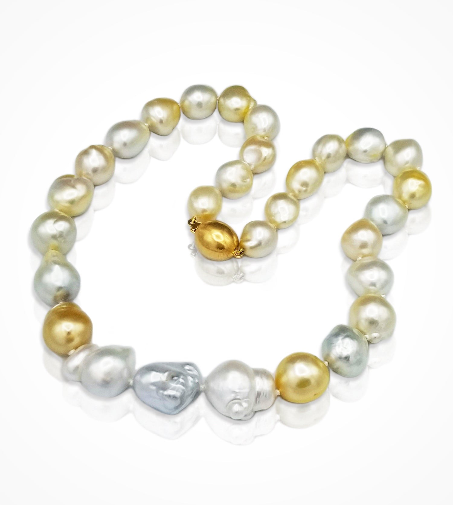 NE-004440 18kt yellow gold clasp and 29 South-Sea golden, white and silver, baroque pearls,-10.4-17mm