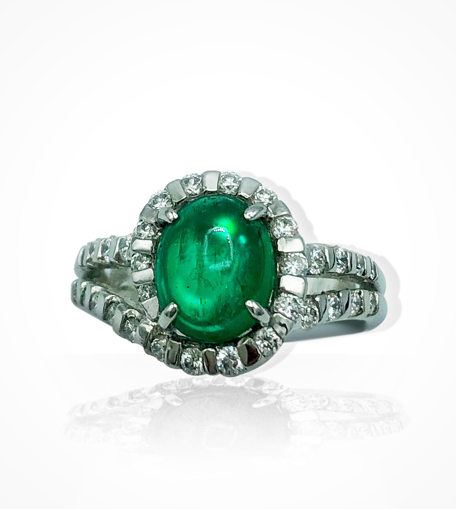 RG00122 Platinum Cabochon Emerald, 31 diamond Ring
